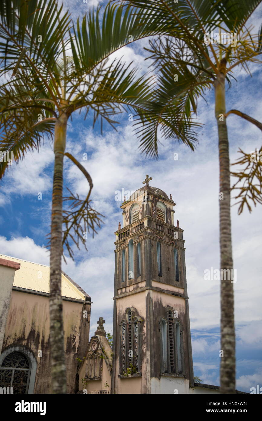 Church bell tower and palm trees, Reunion Island Stock Photo