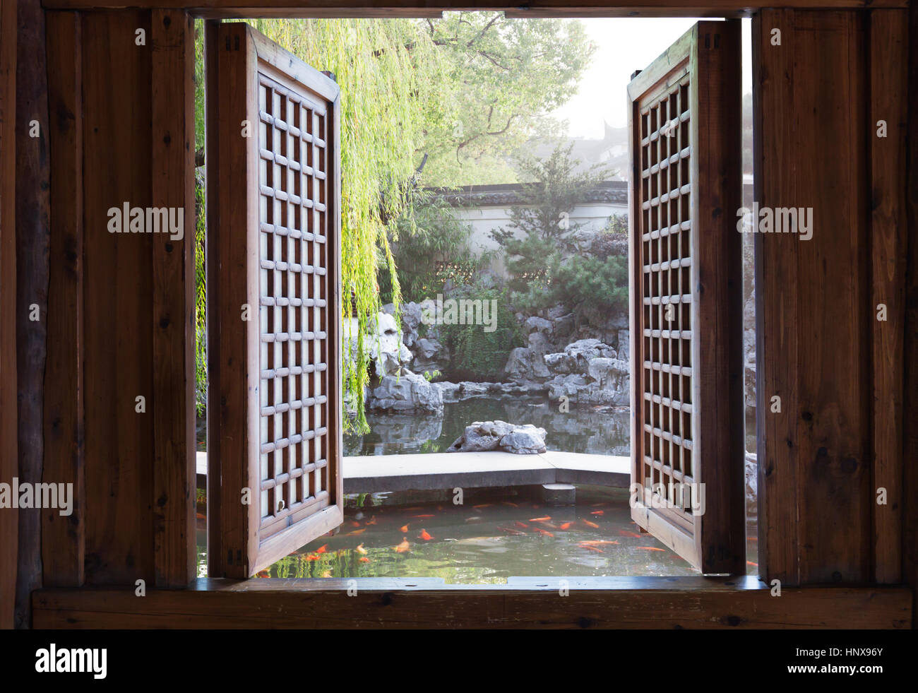 Ancient Chinese architecture interior and Window Stock Photo