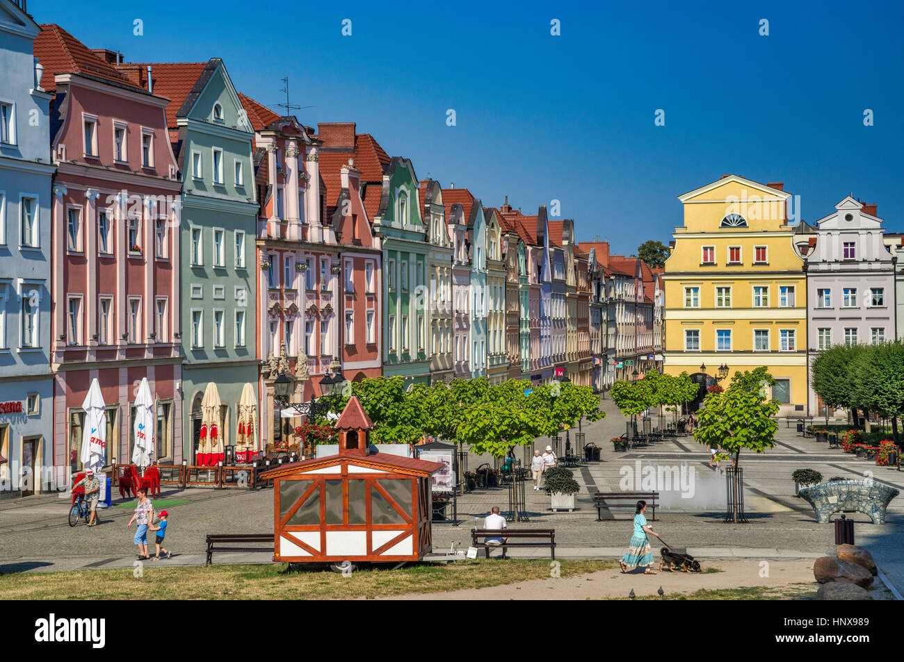 Historic multi-family buildings at Rynek (Market Square) in Boleslawiec, Lower Silesia, Poland Stock Photo