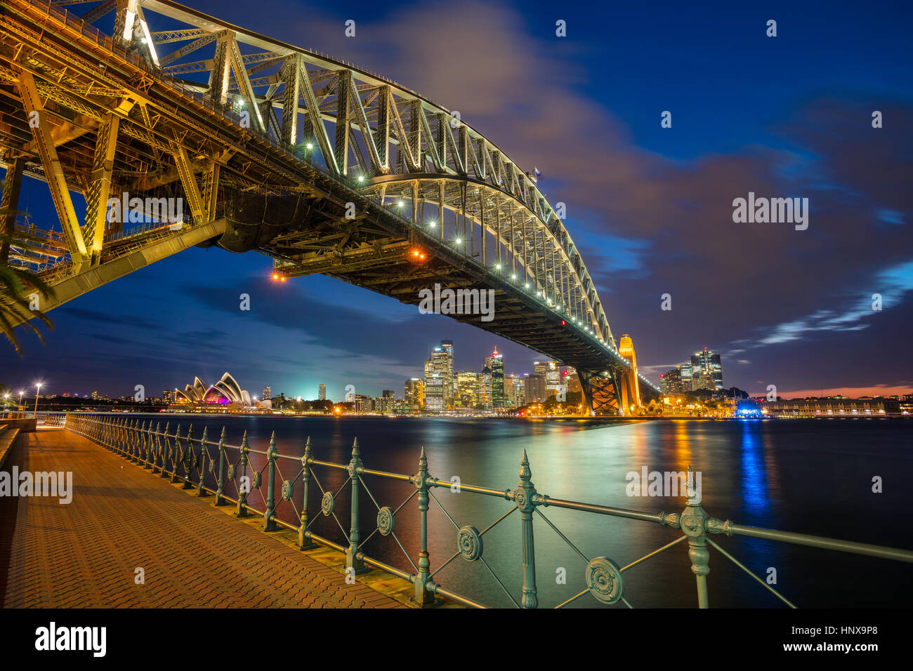 Sydney. Cityscape image of Sydney, Australia with Harbour Bridge during twilight blue hour. Stock Photo