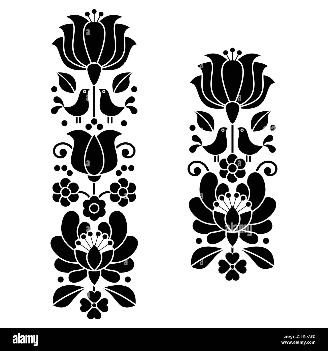 Kalocsai black embroidery - Hungarian floral folk art long patterns Stock Vector