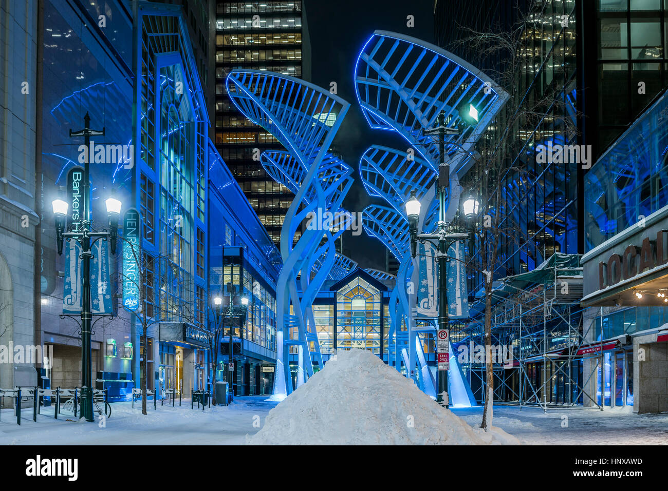 "Trees" sculpture on Stephen Avenue,  designed to reduce wind gusts between the buildings, Calgary, Alberta, Canada Stock Photo
