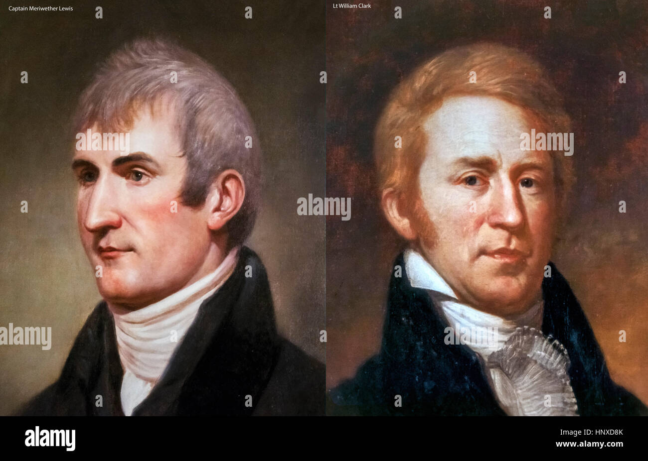Lewis and Clark. Captain Meriwether Lewis and Lt William Clark, famous for the Lewis and Clark Expedition in 1804.  Photoreproductions of portraits by Charles Willson Peale, c.1807 and 1810 Stock Photo
