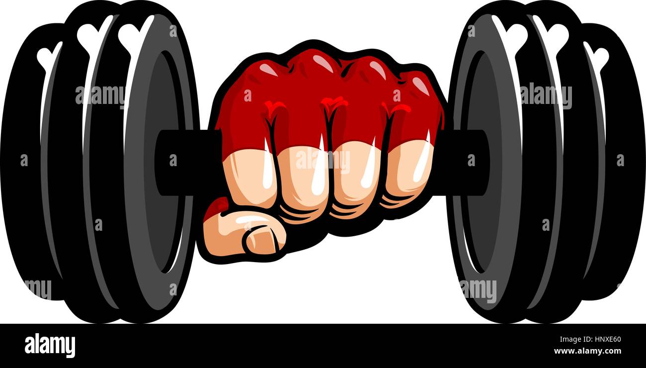 Heavy dumbbell in hand, cartoon. Gym, bodybuilding, weightlifting symbol. Sport vector illustration Stock Vector
