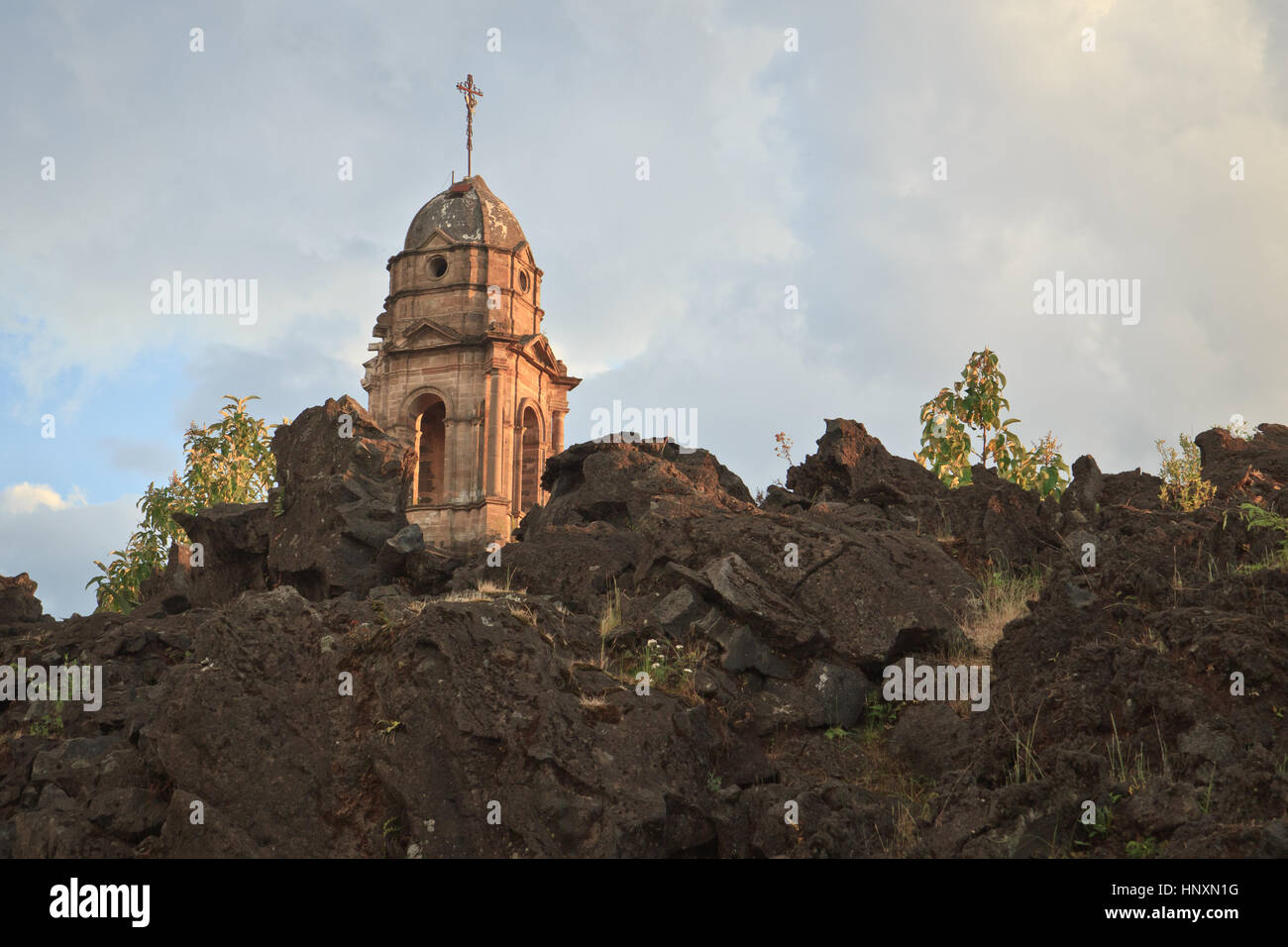 Lava covered ruins of Church, Mexico Stock Photo