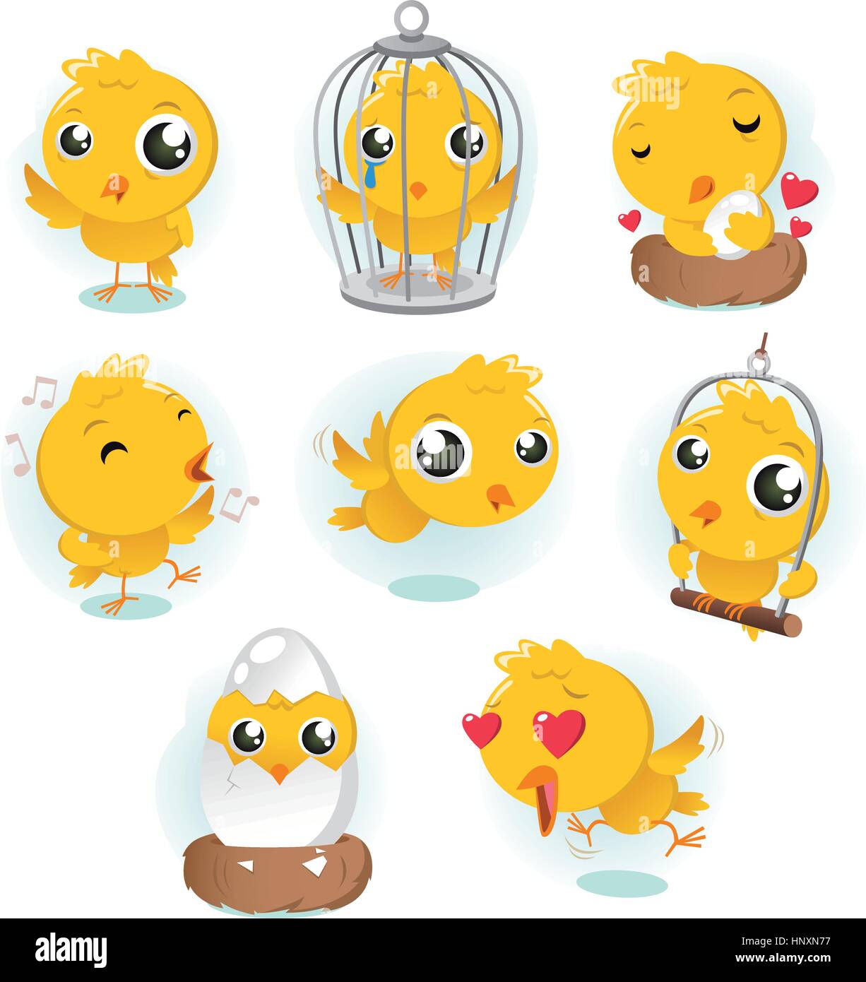Cartoon Canary bird action set collection. With eight different birds in different situations like standing bird, in cage bird, in love bird, singing  Stock Vector