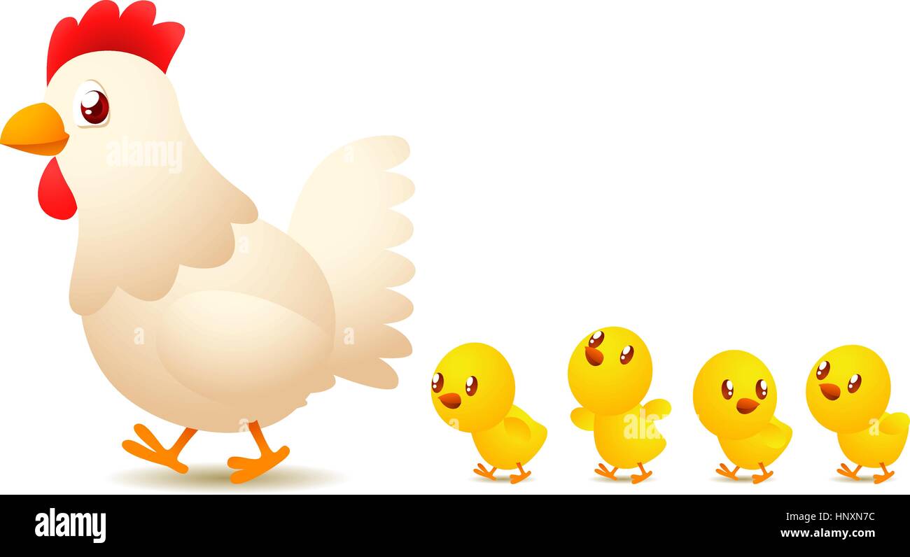 Cute Hen Walking with Yellow Chicken. Funny Mom and Three Baby