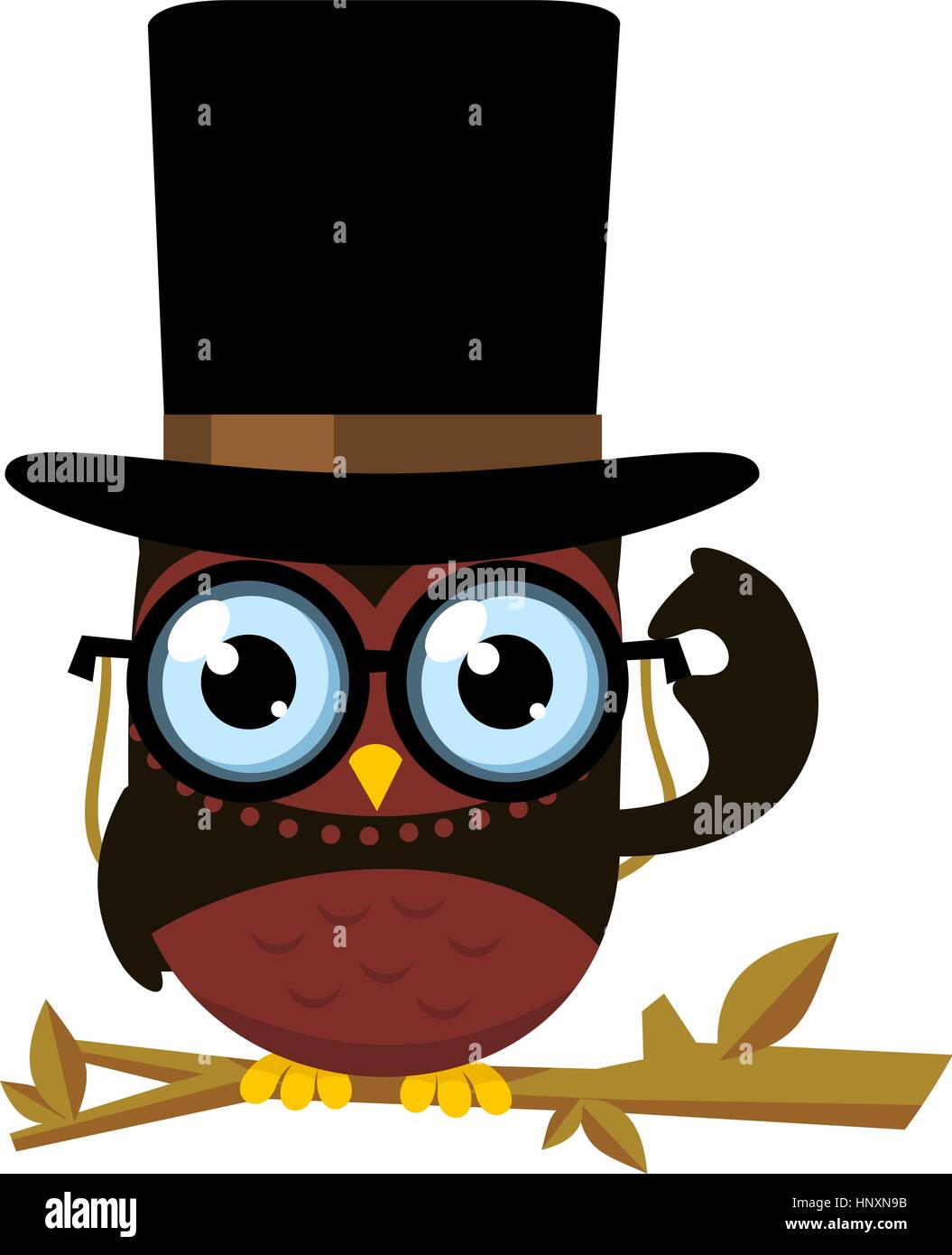 Wise Intelligent Standing Owl Front view Top Hat Glasses, vector illustration. Stock Vector