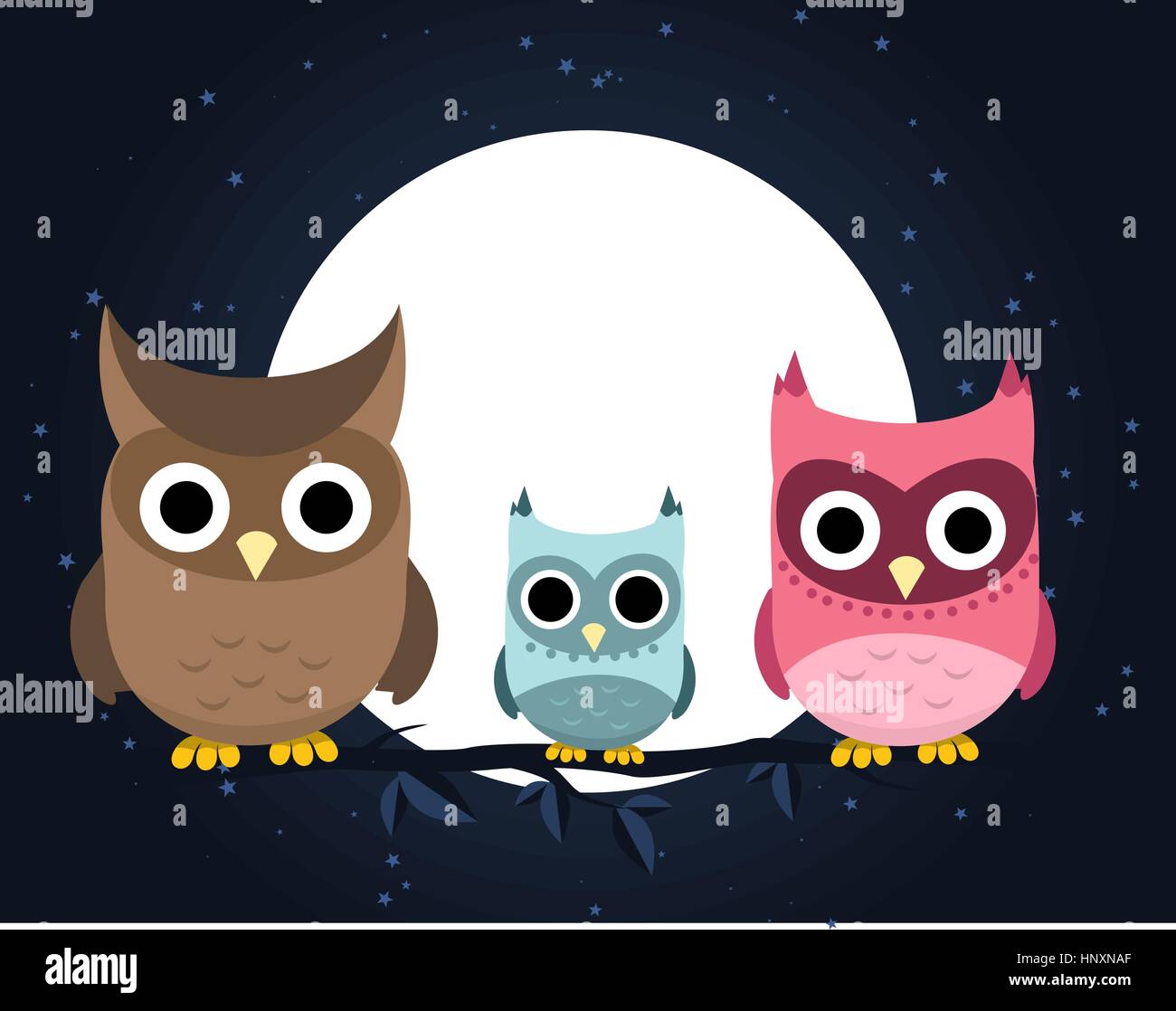 Owl family perching at night, with brown owl, light blue owl and pink owl vector illustration. Stock Vector