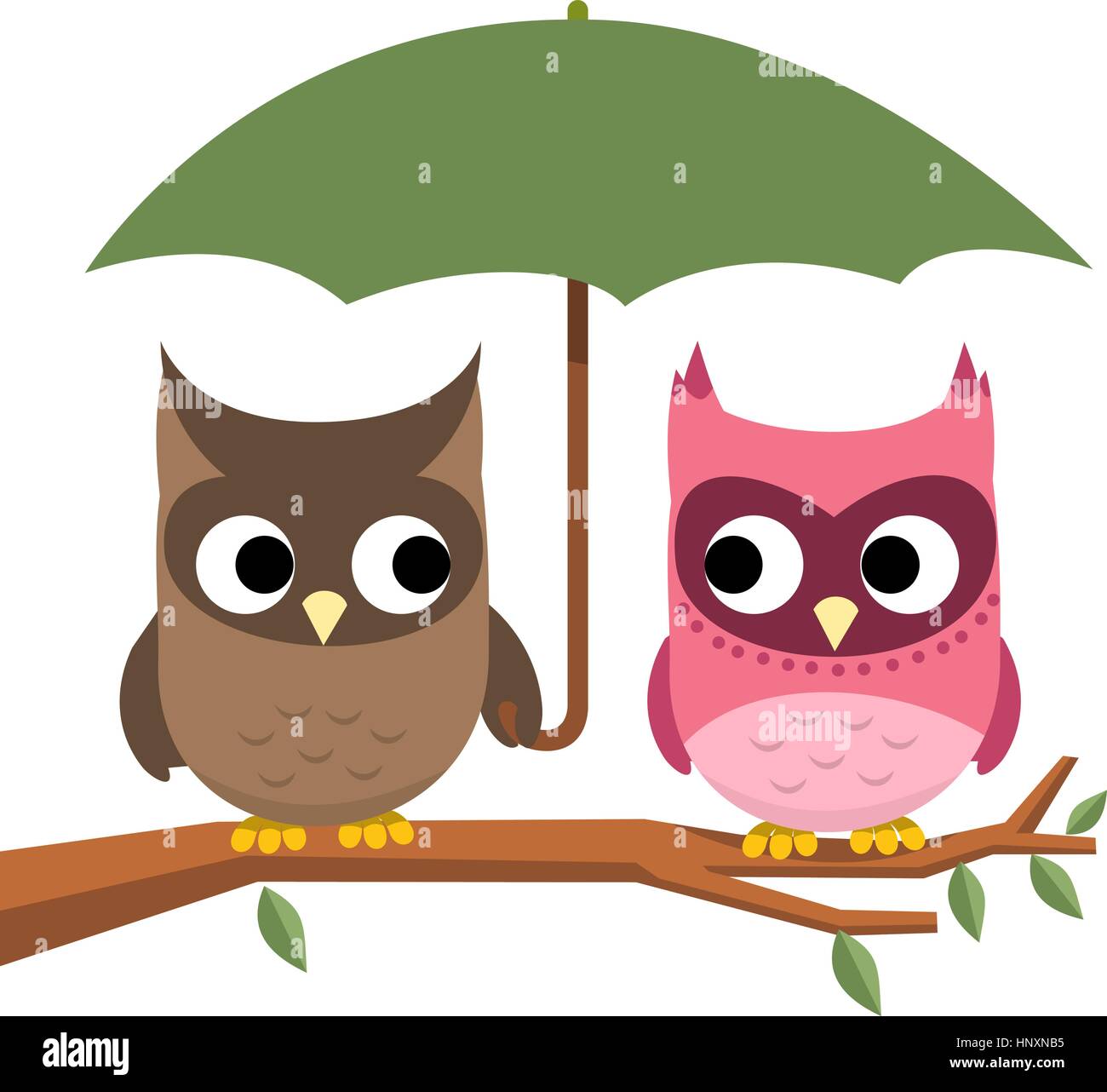Owl couple perching under Umbrella vector illustration. Stock Vector
