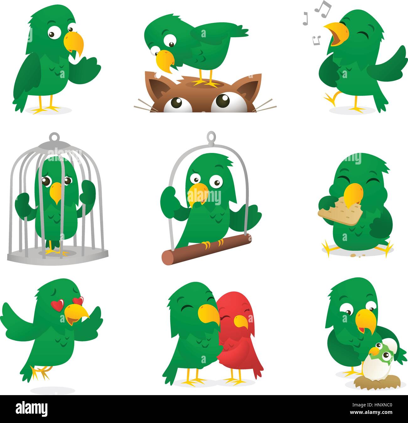 Cartoon parrot collection. Parrot, parakeet, love-bird, cockatoo, polly, imitate caricature, in different scenes like, standing parrot, standing on ca Stock Vector