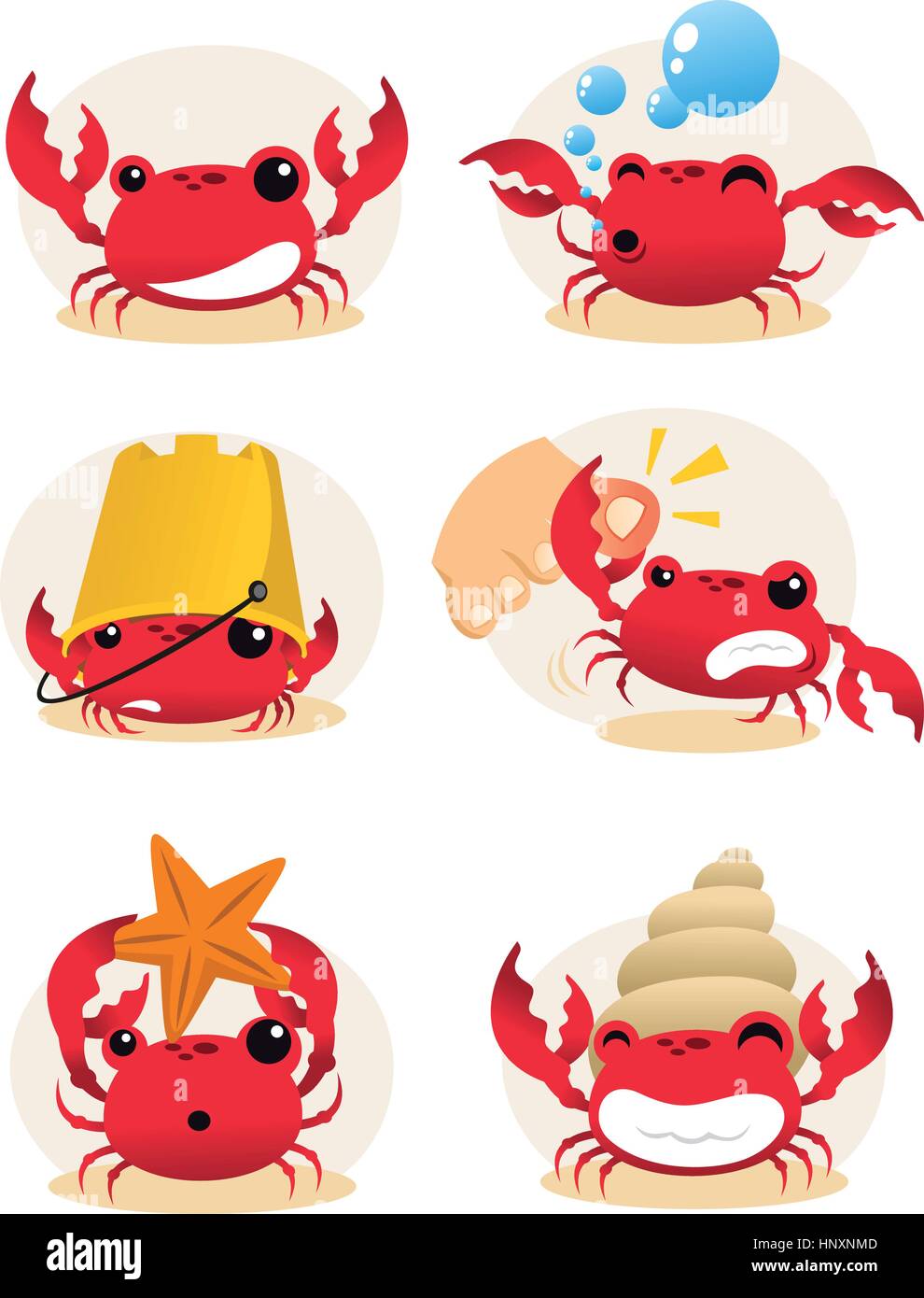 Red cartoon crab action set, with six different crabs in different situations vector illustration. Stock Vector