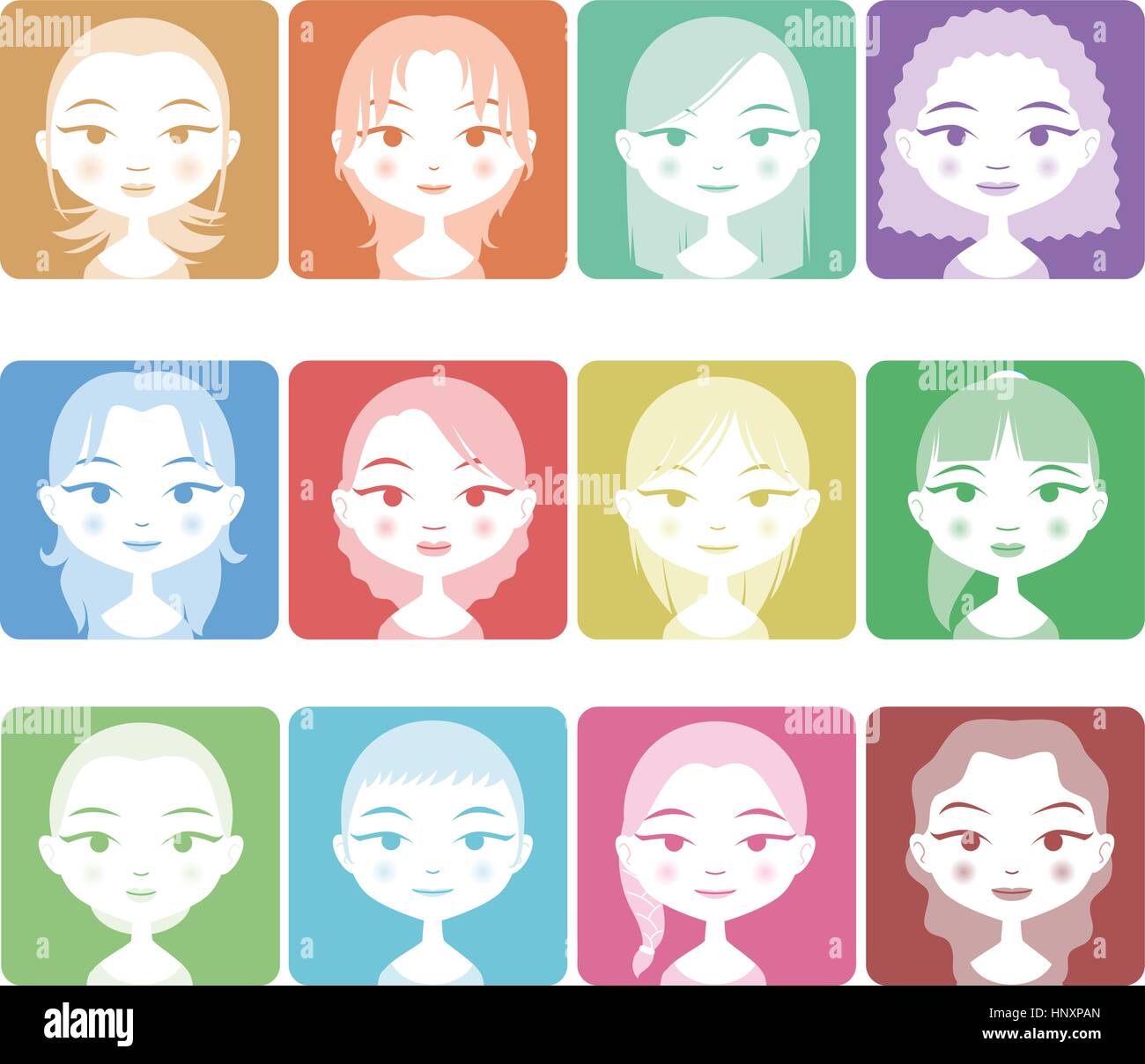 Head and Shoulder Avatar Girl People Set in Colors, with twelve different girls with different haircuts and colors vector illustration. Stock Vector