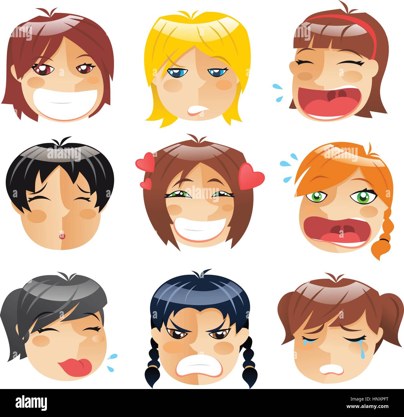 Little girls head people avatar profile faces Front view set, vector illustration. Stock Vector