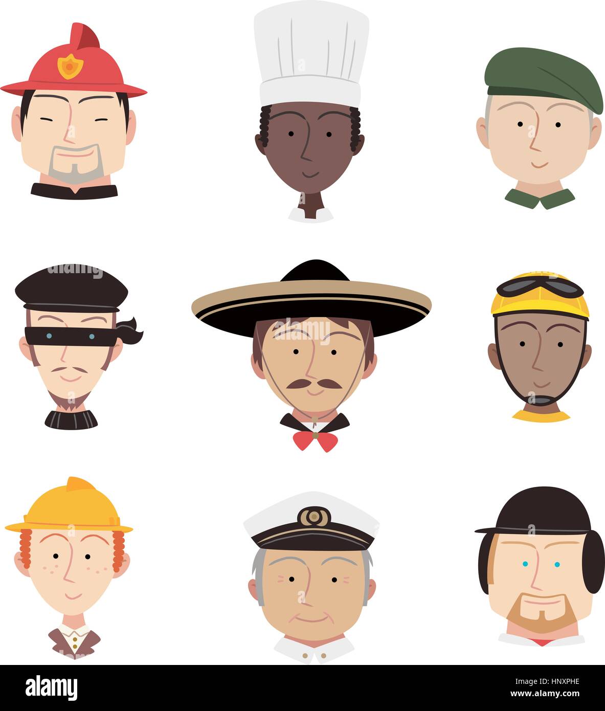 Head and Shoulder Professional People Profile avatar, with fireman, chef, military man, captain, cyclist, fire fighter, mariachi, rider, baseball, jok Stock Vector