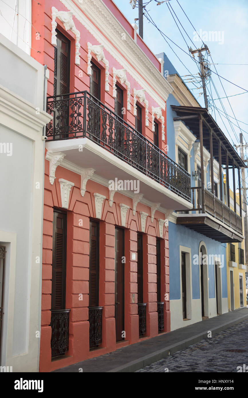 COLORFUL BUILDING FACADES CALLE SOL OLD TOWN SAN JUAN PUERTO RICO Stock Photo
