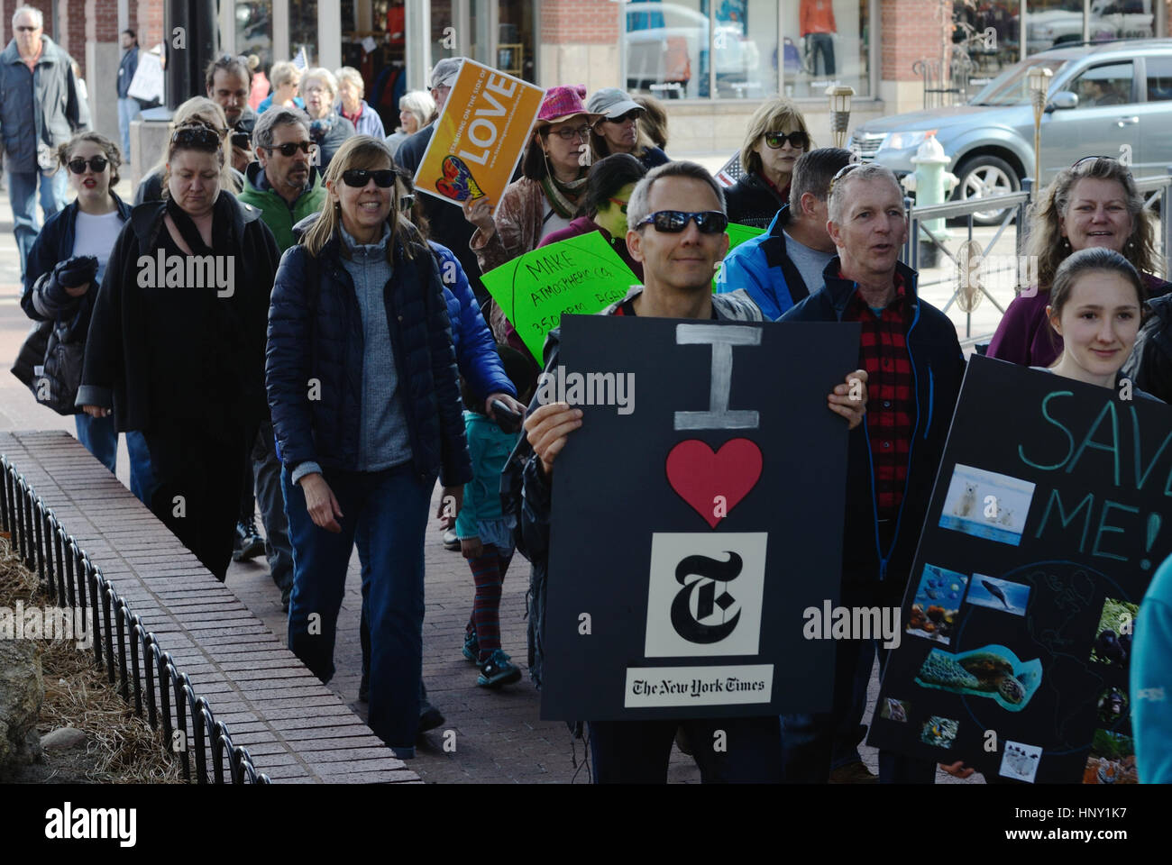 Marchers during protest of president Trump's policies in Boulder, Colorado Stock Photo