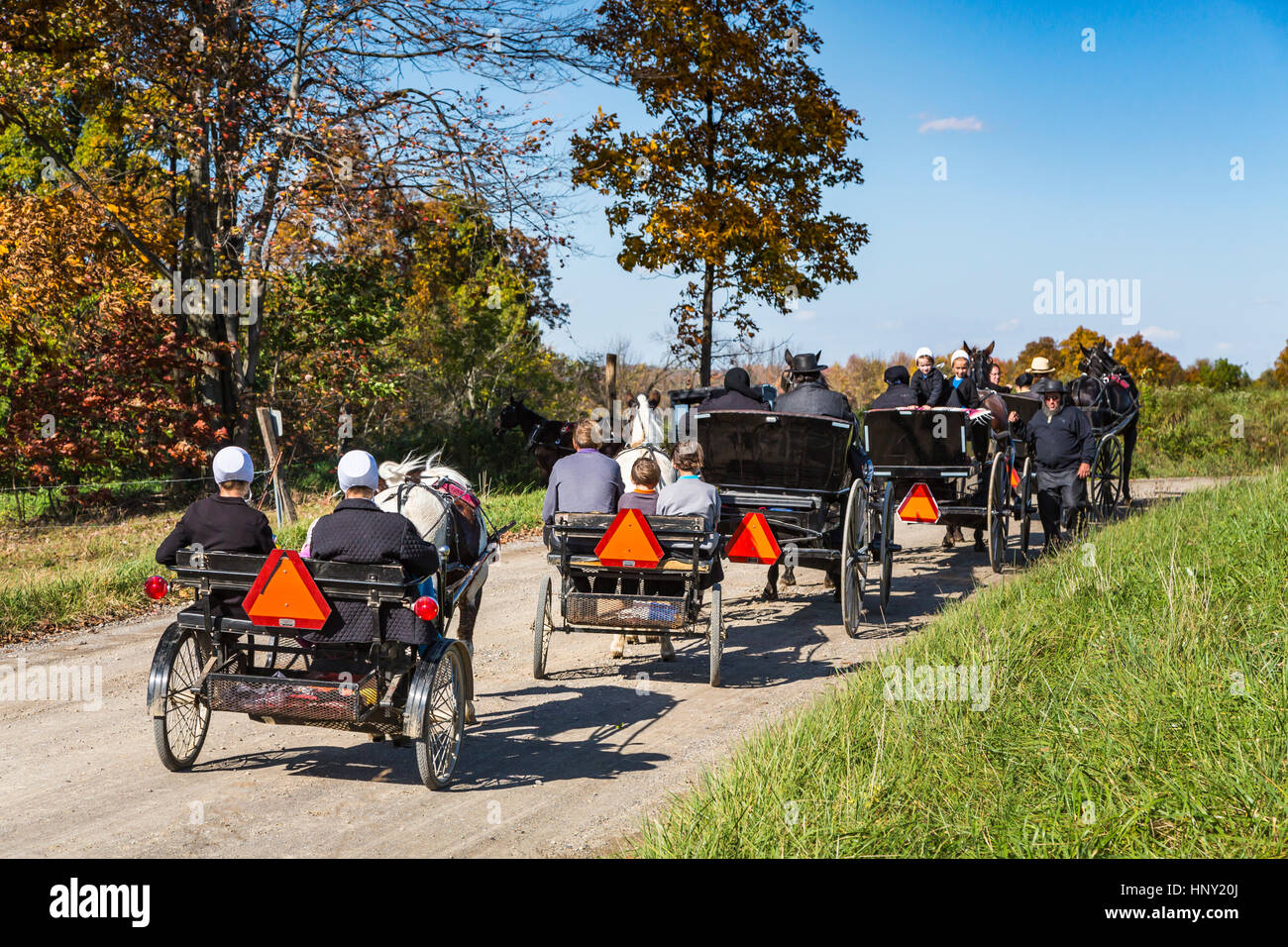 Amish horse and buggies on the roadways of Coshocton County, Ohio, USA. Stock Photo