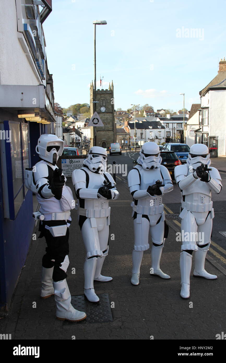 Imperial stormtroopers outside the Studio Cinema Coleford, Gloucestershire, England on Star Wars Day Stock Photo