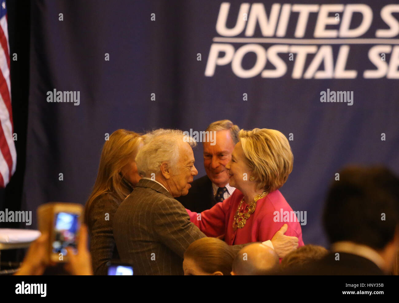 New York City, USA. 16th Feb, 2017. Hillary Clinton greets designer Ralph Lauren prior to unveiling ceremony. Former Secretary of State & Presidential candidate Hillary Clinton joined Vogue editor Anna Wintour, Anderson Cooper, Oscar de la Renta CEO Alexander Bolen & USPS VP Janice D. Walker in Grand Central Terminal's Vanderbilt Hall to formally unveil a USPS postage stamp honoring fashion designer Oscar de la Renta. Credit: Andy Katz/Pacific Press/Alamy Live News Stock Photo