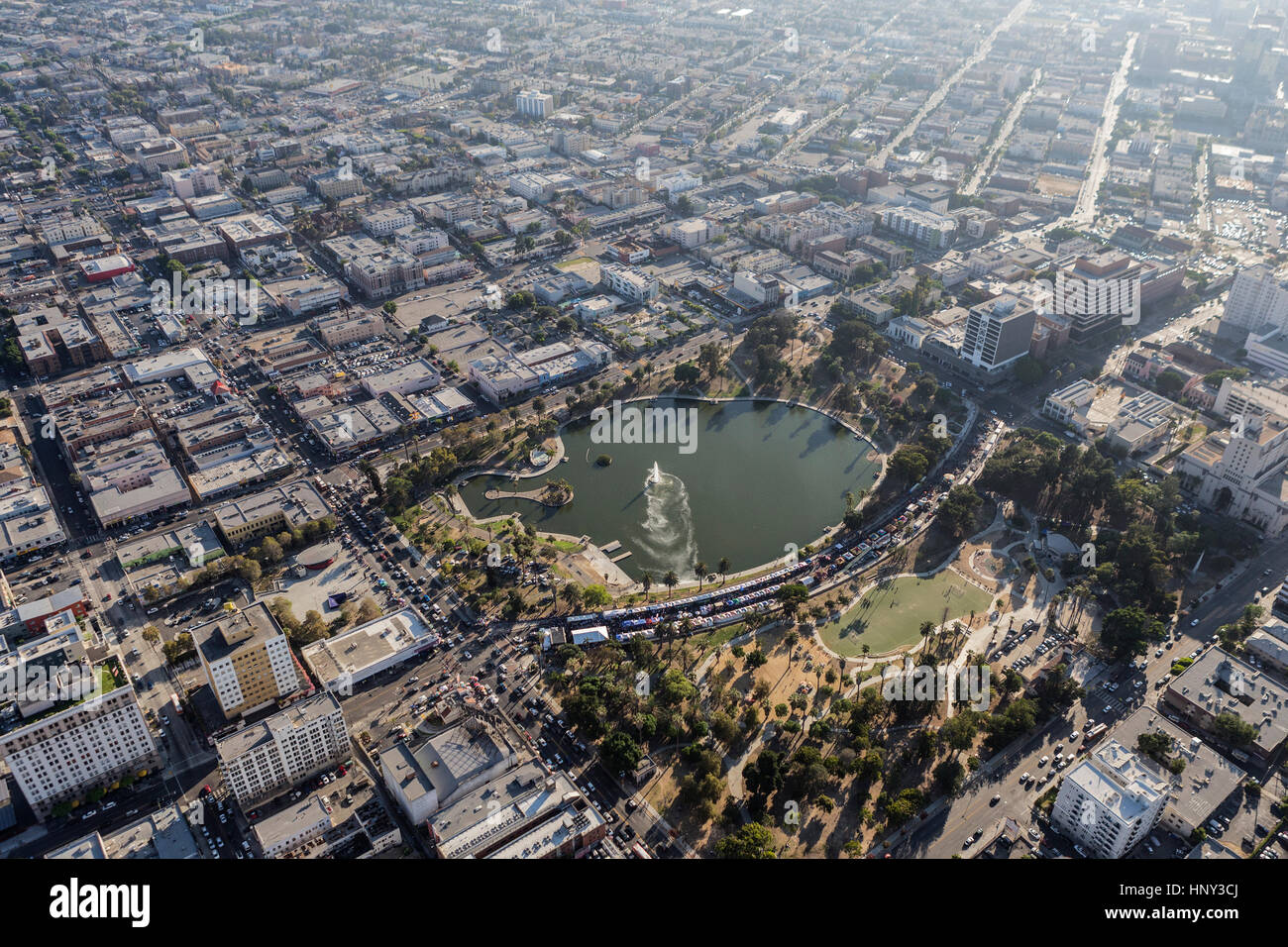 Los Angeles, California, USA - August 6, 2016:  Smoggy afternoon aerial view of urban architectural sprawl and MacArthur Park. Stock Photo