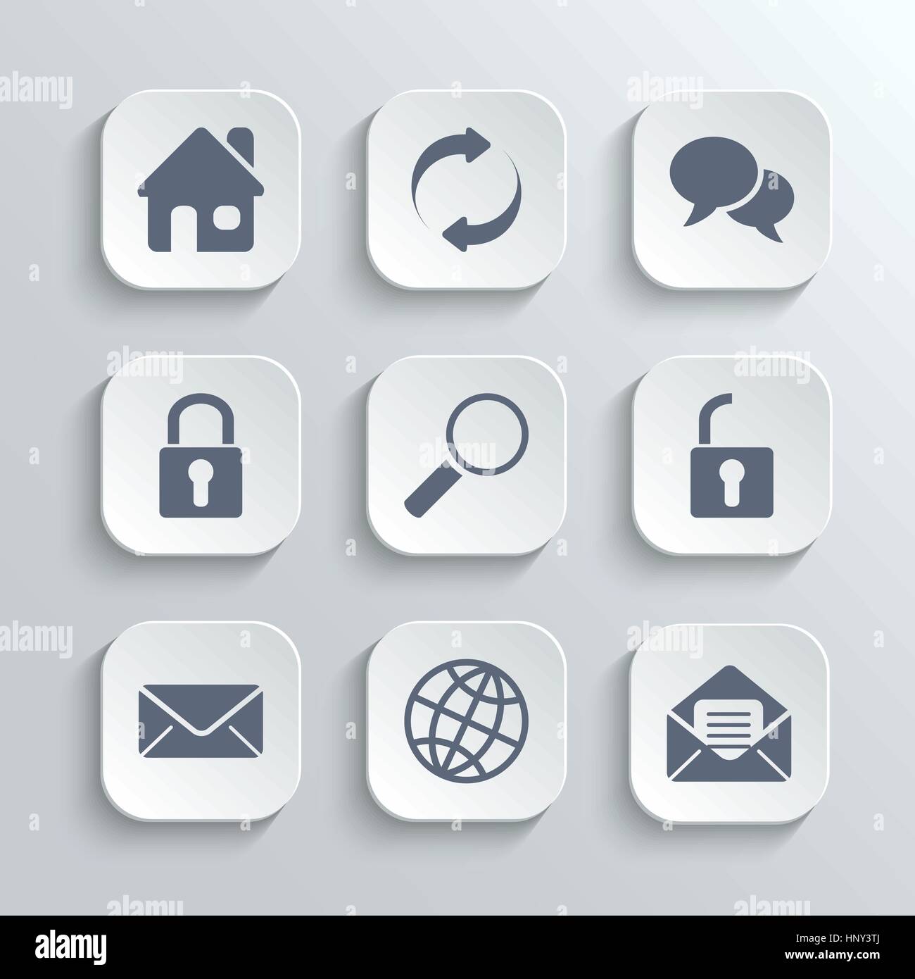Web icons set - vector white app buttons with home refresh speech bubble lock search unlock mail globe Stock Vector