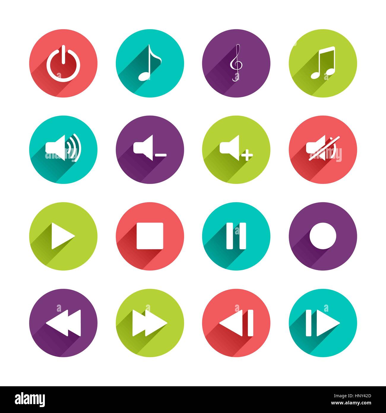 Vector Music Control Panel Icons Set in Flat Design with Long Shadows