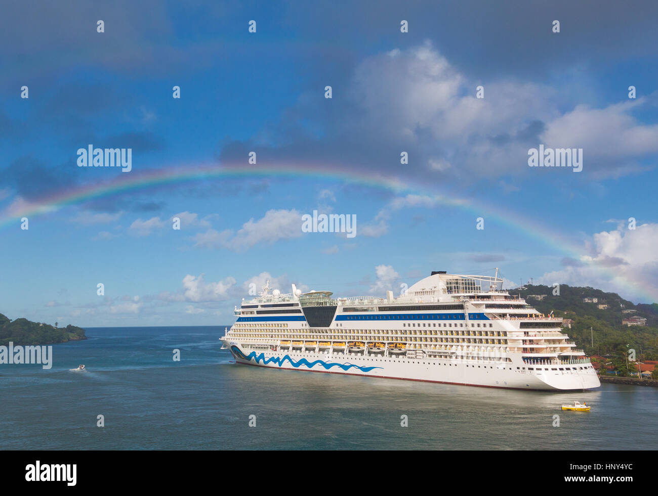 A huge luxury cruise ship docked in the Caribbean port of St Lucia