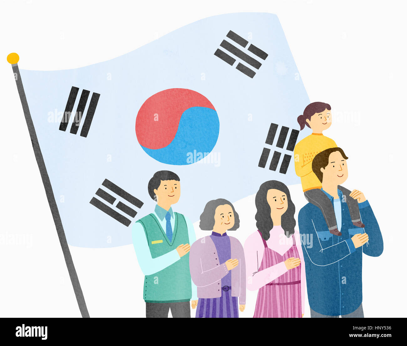 Smiling people honoring Korean flag Stock Photo Alamy