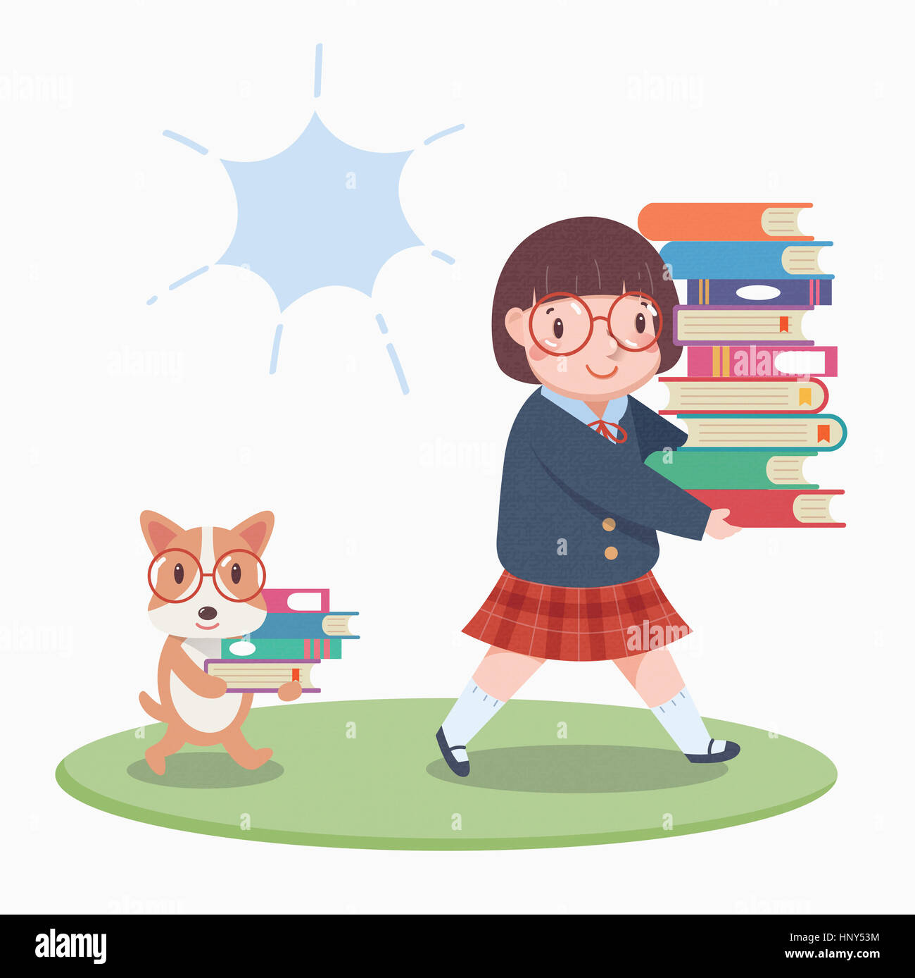 Smiling school girl carrying stacked books Stock Photo - Alamy
