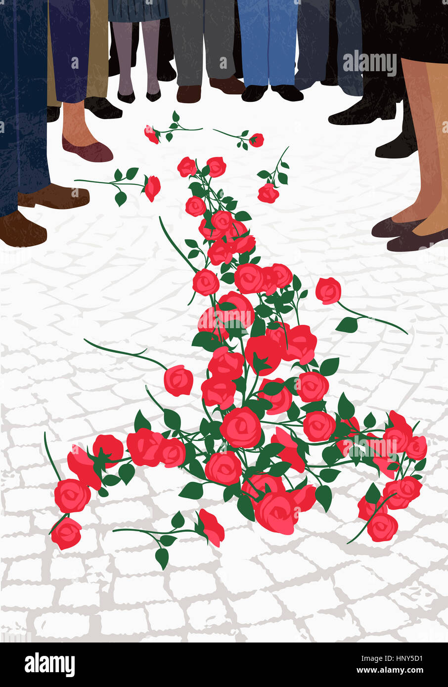 Red roses on ground surrounded by crowd Stock Photo - Alamy