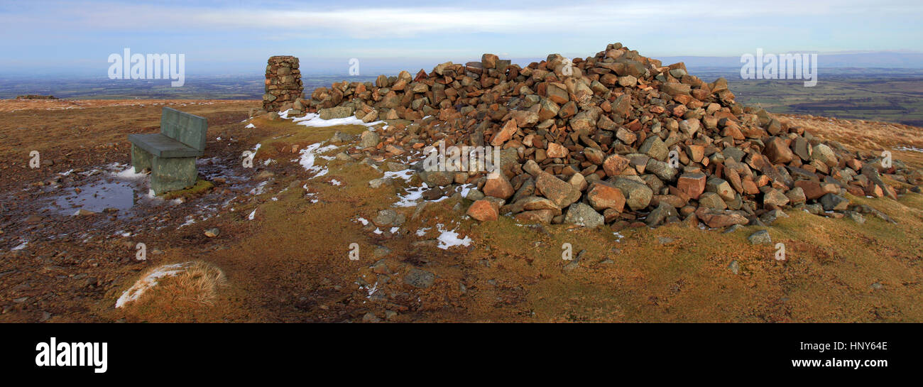 Ordinance Survey trig point and summit cairn on High Pike fell, one of the 214 Wainwright Fells, Caldbeck fells, Lake District National Park, Cumbria Stock Photo