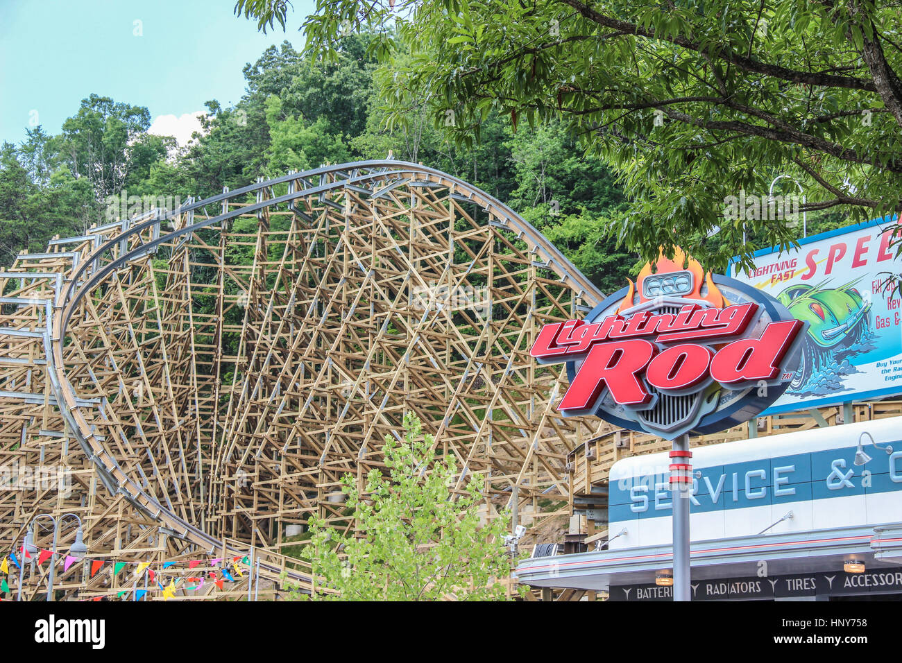 Craziest roller coaster I have ever been on!  Kids talked me into it.  Wooden roller coaster that goes 74 mph at Dollywood in Pigeon Forge, TN Stock Photo