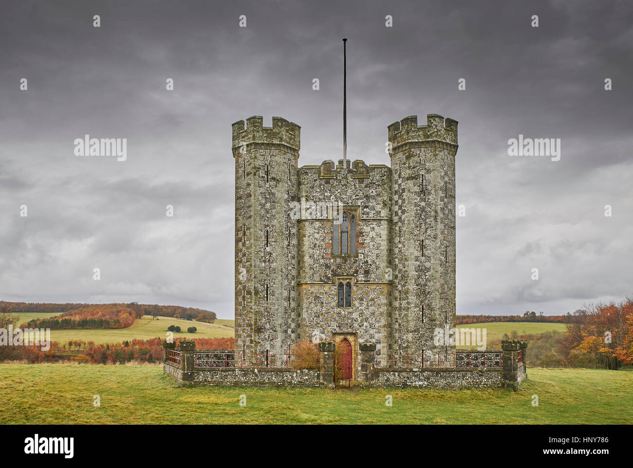 A rural castle folly battlement in autumn Stock Photo