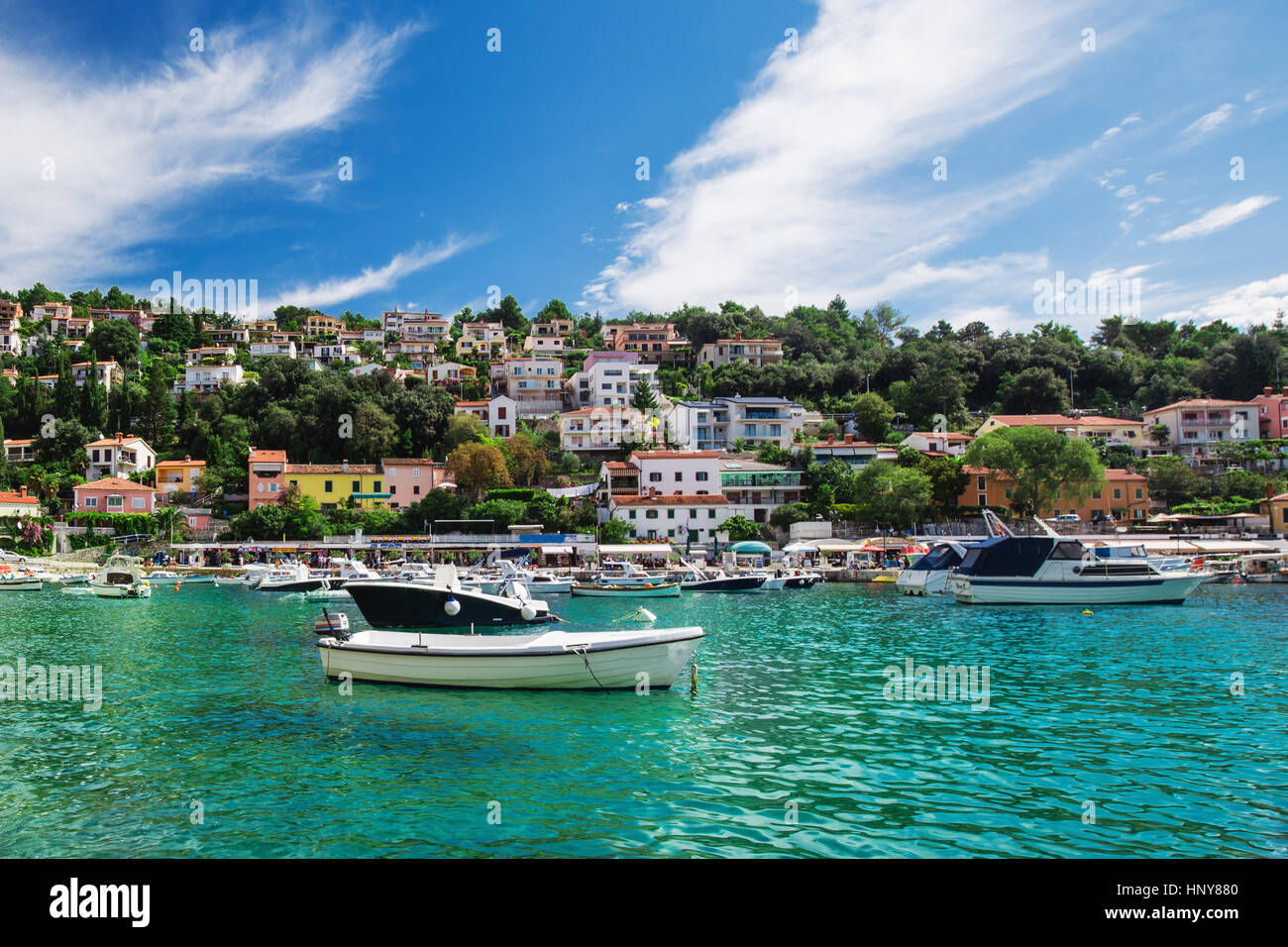 Yachts in harbour surrounding by pine-forest in a sunny weather, Istria, Croatia Stock Photo