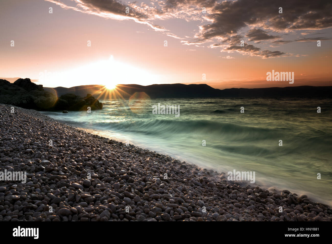 Sunrise over the beach in Croatial, Istria, Europe Stock Photo