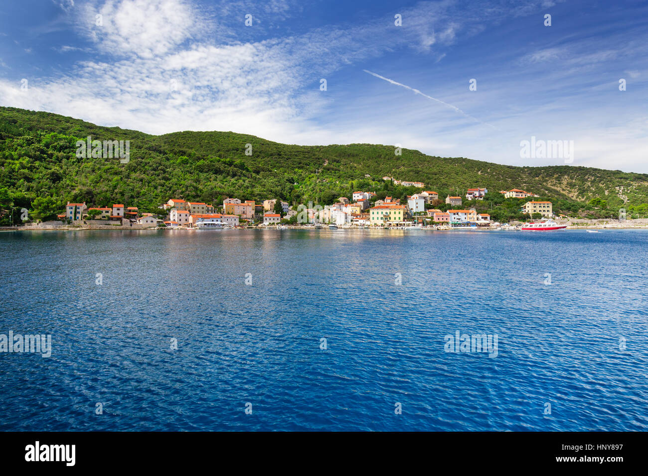 Island Cres surrounded by pine trees, Istria, Croatia Stock Photo