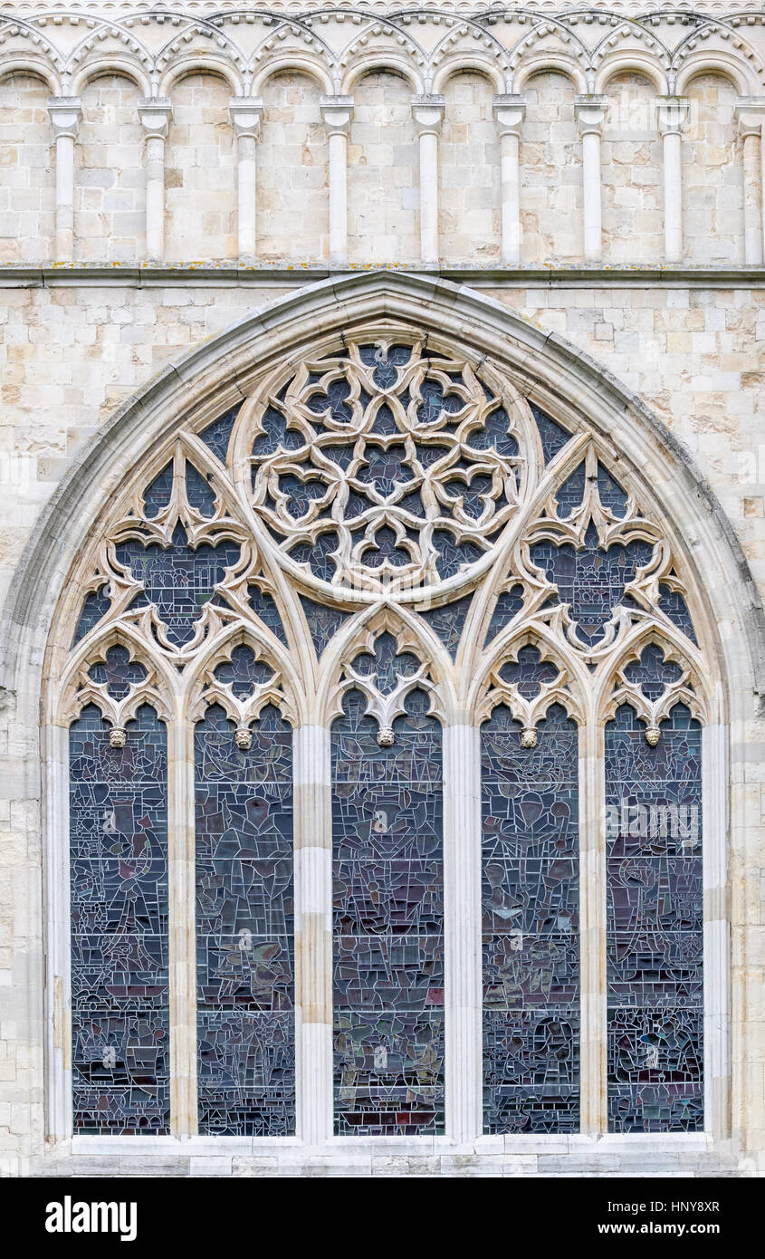 Exterior of a stained glass window at Canterbury cathedral, England. Stock Photo