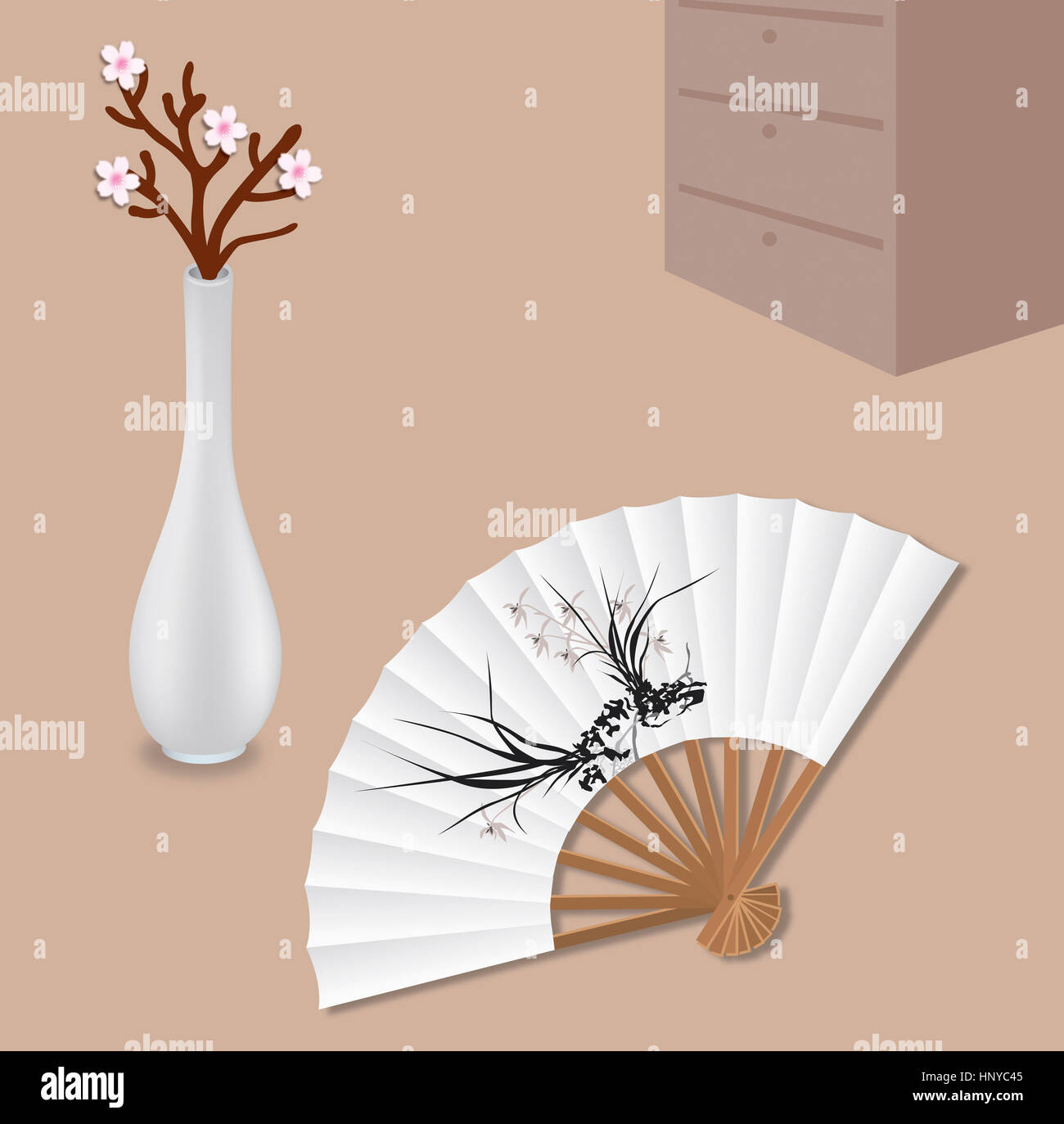 Traditional Korean flower vase and fan Stock Photo Alamy