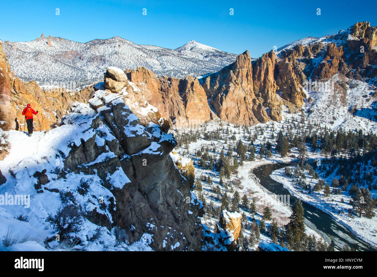 Winter Hike with Desert Snow at Smith Rock State Park Outside Terrebonne Oregon Stock Photo