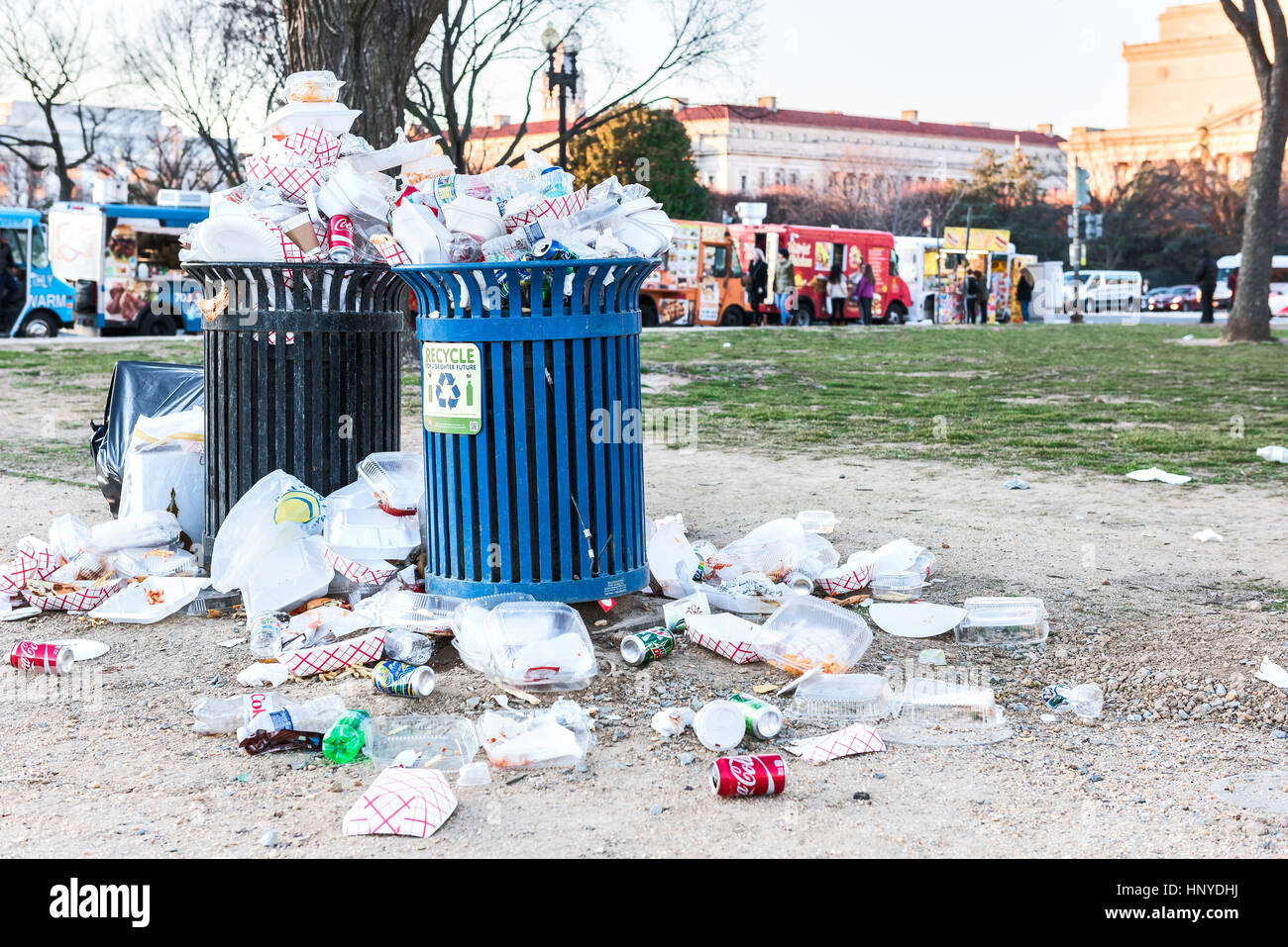 Washington DC, USA January 28, 2017 Overflowing trash bins in