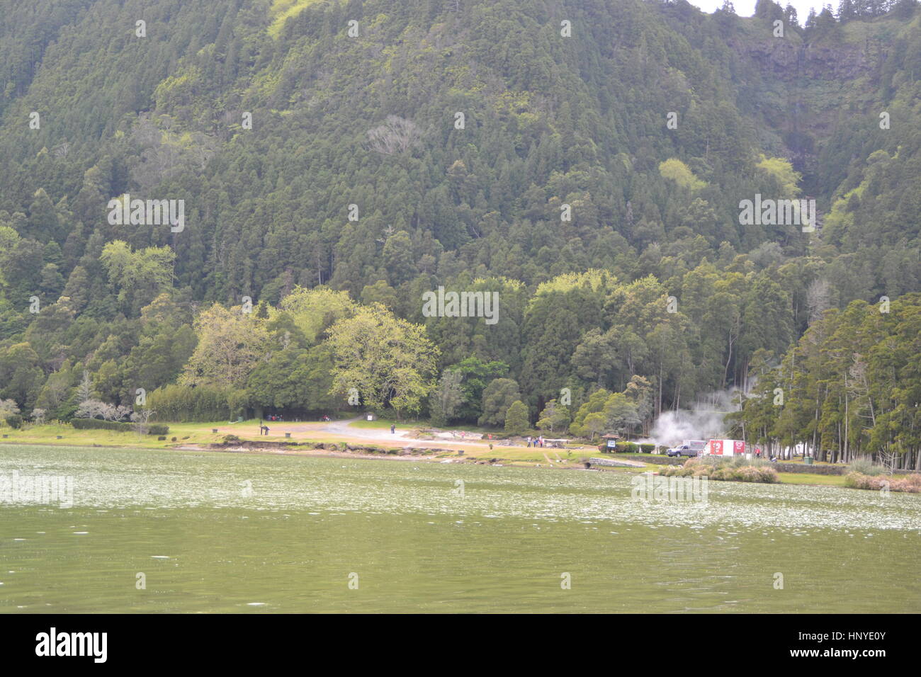 Furnas lake is very calm, light green colour in winter on Azores Sao ...