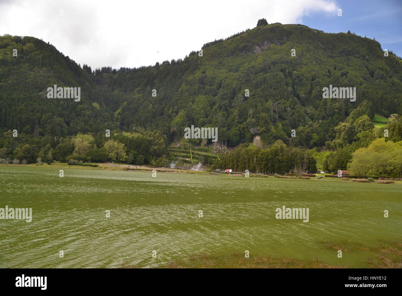 Furnas lake is very calm, light green colour in winter on Azores Sao ...