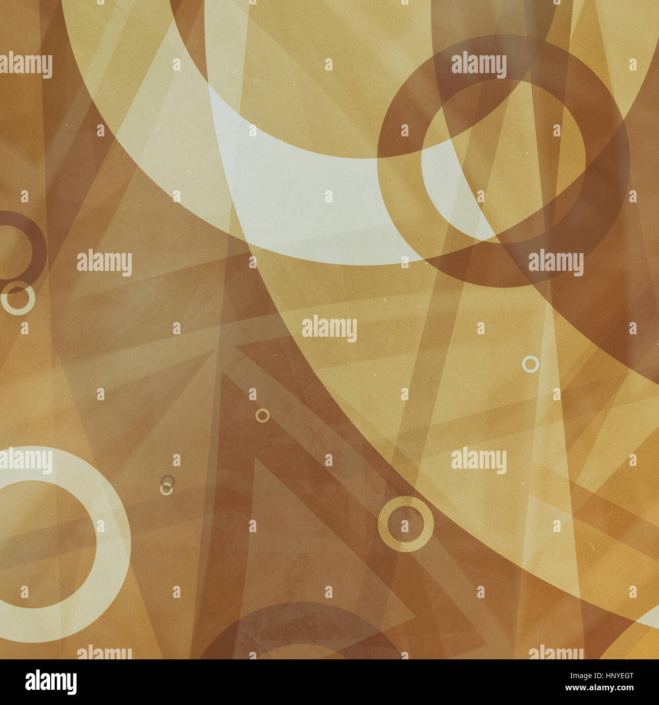 rings and triangles of brown and white in abstract background pattern, random sizes of transparent white circle shapes layered on light yellowed brown Stock Photo