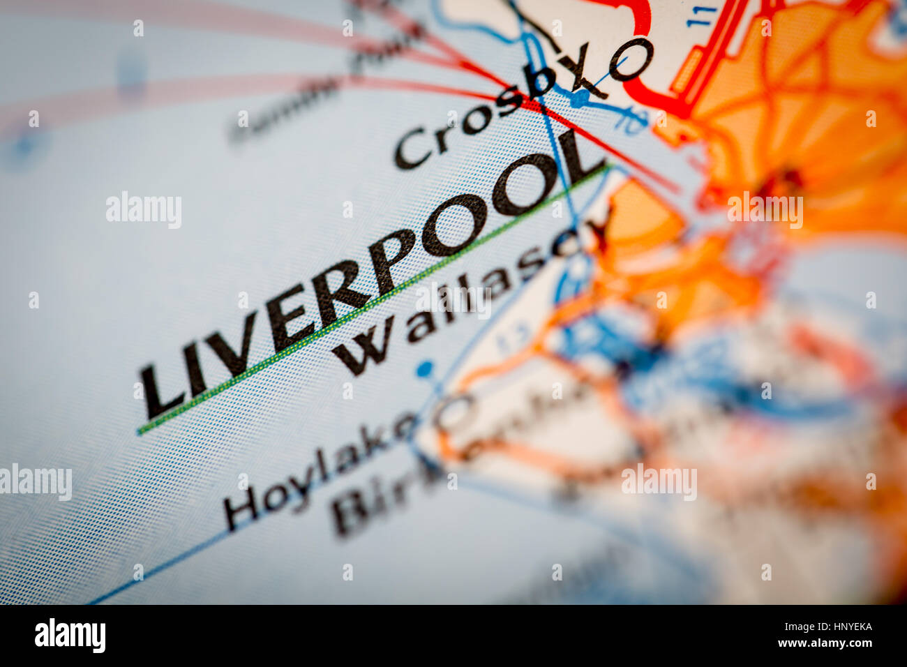 Map Photography: Liverpool City on a Road Map Stock Photo