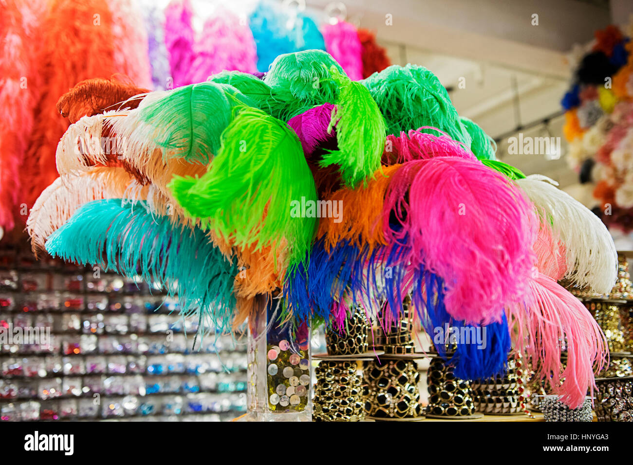 The interior of B & Q trimmings, a store specializing in burlesque costume supplies, in the Garment District in Manhattan, New York City. Stock Photo