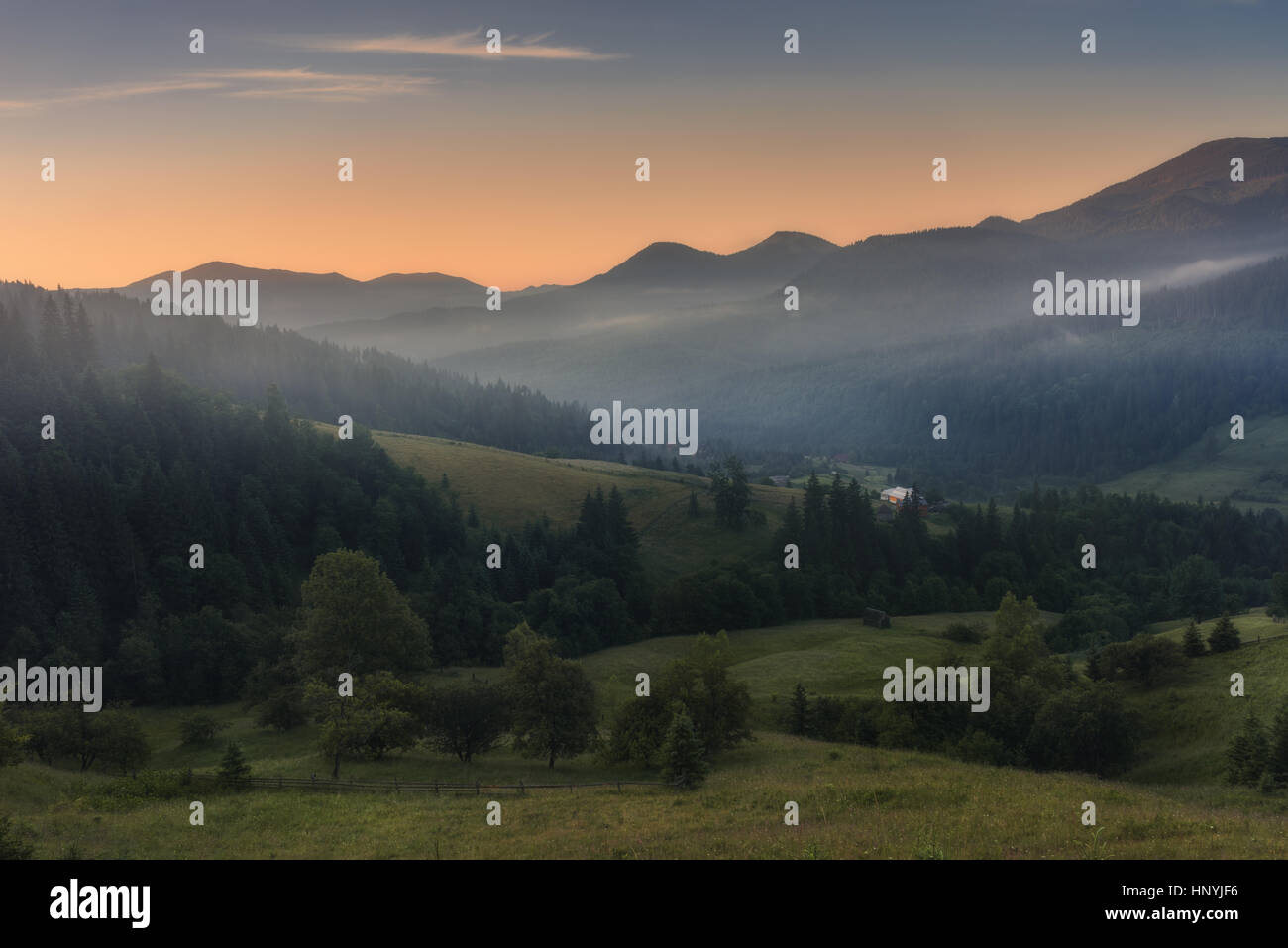 Ukraine. Carpathians. Summer morning at the village Dzembronya Stock Photo