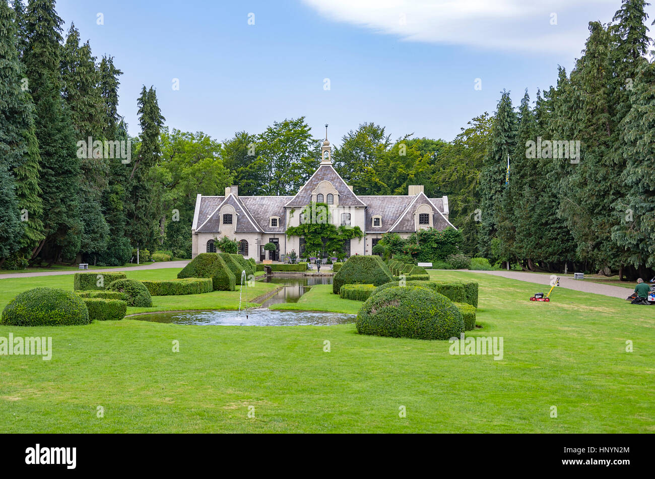 Landscaping and manor house of Norrviken Gardens (Norrvikens trädgårdar) in Bastad, Skane County, Sweden. Stock Photo