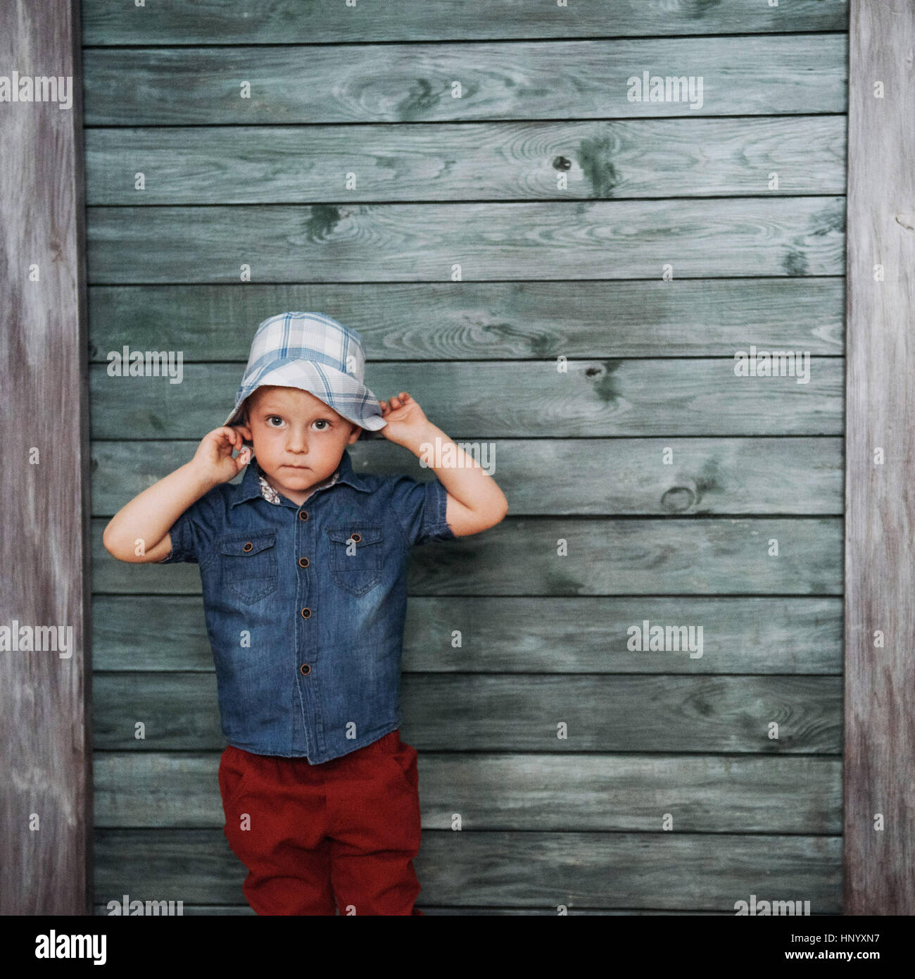 Happy little boy, child in a Panama hat. Stock Photo
