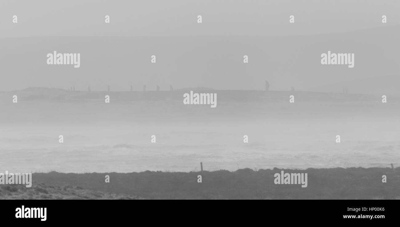 View of Ring of Brodgar stone circle in stormy weather Stock Photo